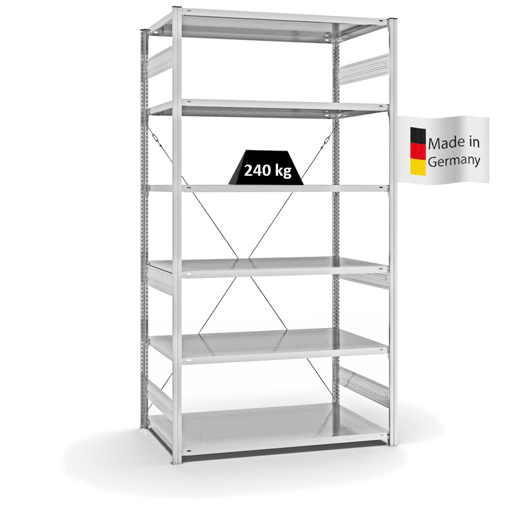 PROREGAL Fachbodenregal Stecksystem | Grundregal | HxBxT 250x130x80cm | 6 Ebenen | Fachlast 240 kg | Einseitig nutzbar | Lichtgrau