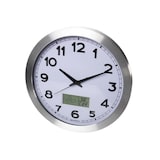 thumbnail of Horloge murale, rond, analogique, 35 cm, écran LCD avec thermomètre, hygromètre et provisions météo, aluminium, argent
