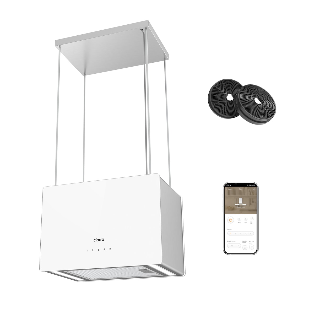 CIARRA Campana extractora de isla A+++ 700 m³/h suspendida con control táctil y aplicación WiFi VM4850S