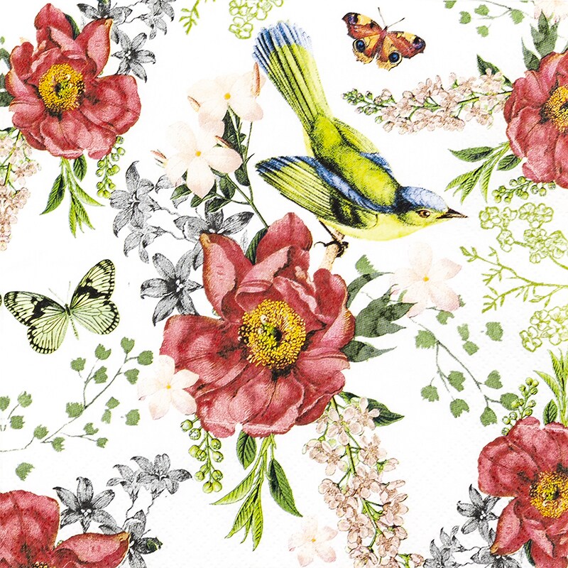 Home Fashion, Bird and Roses, Lunch-Servietten aufgefaltetes Maß 33 cm x 33 cm, im Viertelfalz, 20 Stück pro Pack