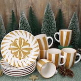 thumbnail of 12tlg Frühstücksset Wald ocker Steingut 6 Personen Teller Becher Zweige Streifen