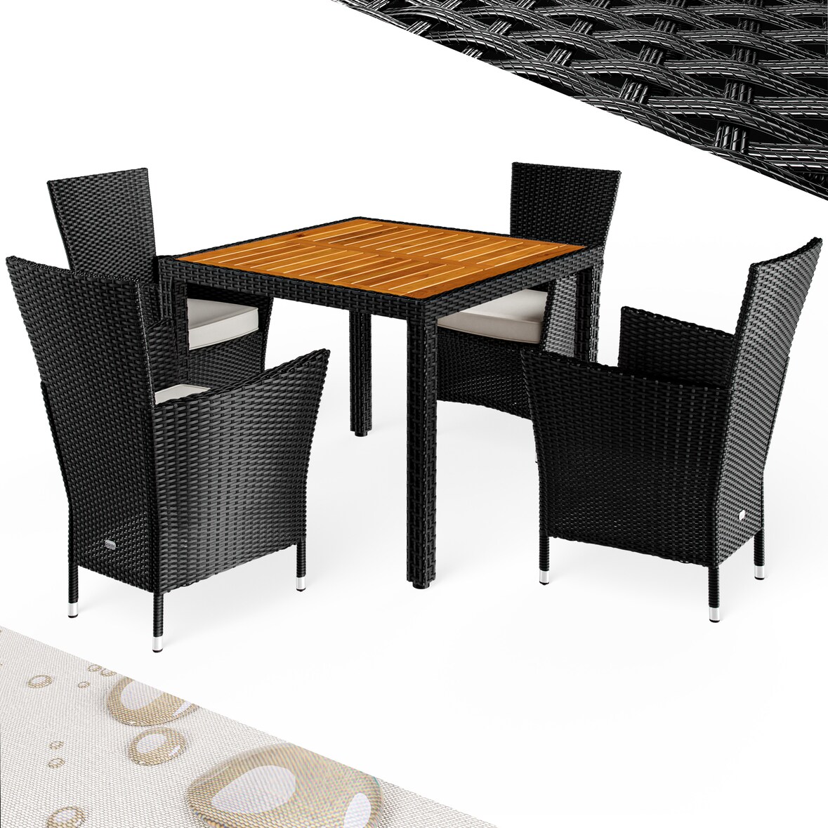 CASARIA® Polyrattan Gartenmöbel Set 90x90cm Esstisch Akazie Schwarz