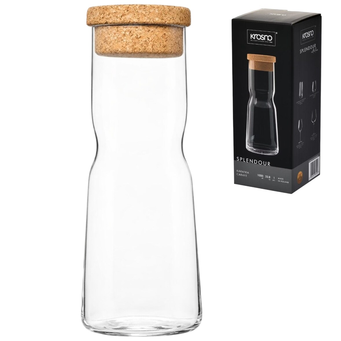 Krosno Glazen Karaf 1 Liter met Kurken Stop – Makkelijk Vast te Houden – Past in Koelkastdeur – 98 × 240 mm