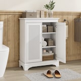 thumbnail of Badezimmerschrank freistehend 86x67x30 cm mit Rattantür und verstellbarem Einlegeboden, Stauraumschrank MDF Weiß für Bad Küche Wohnzimmer