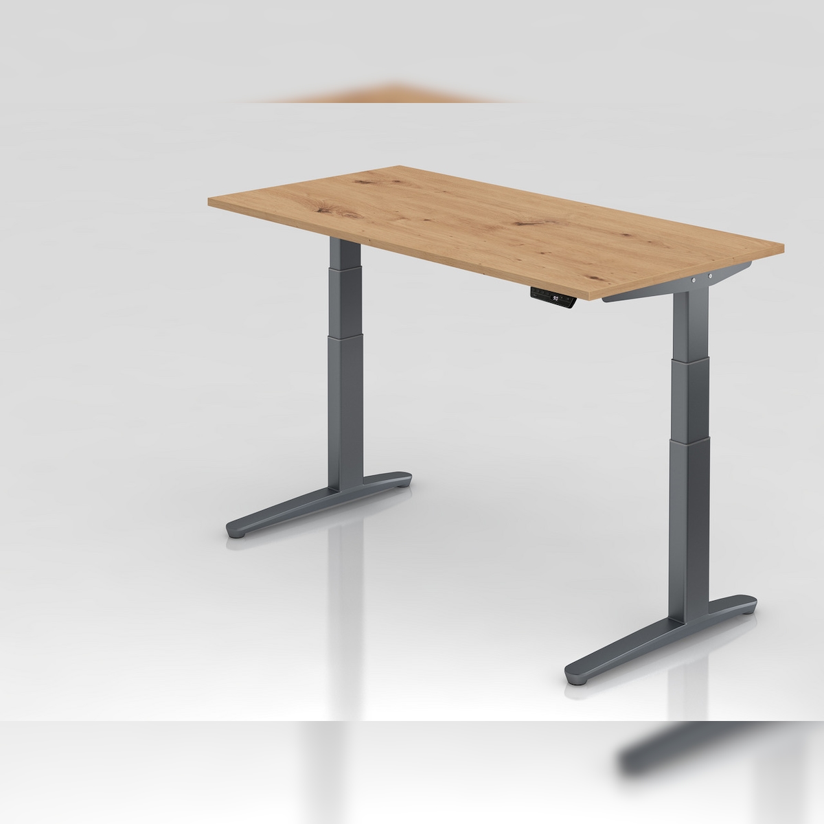PROREGAL Sitz-Steh-Schreibtisch Pekka | Asteiche | Graues GestellBxT 160x80cm | Höhe 65-130cm | elektrisch stufenlos höhenverstellbar | C-Fuß Gestell