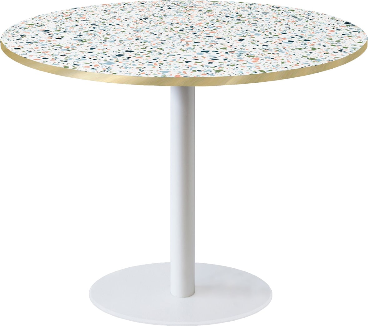 RestooTab - Tisch Rome XL weiß Ø120cm Dekor Terrazzo spectra chip Kanten messingfarben