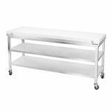 thumbnail of Mesa de trabajo de acero inoxidable 1800x600 mm con tabla de corte blanca y 2 estantes con ruedas PREMIUM - GOLDINOX