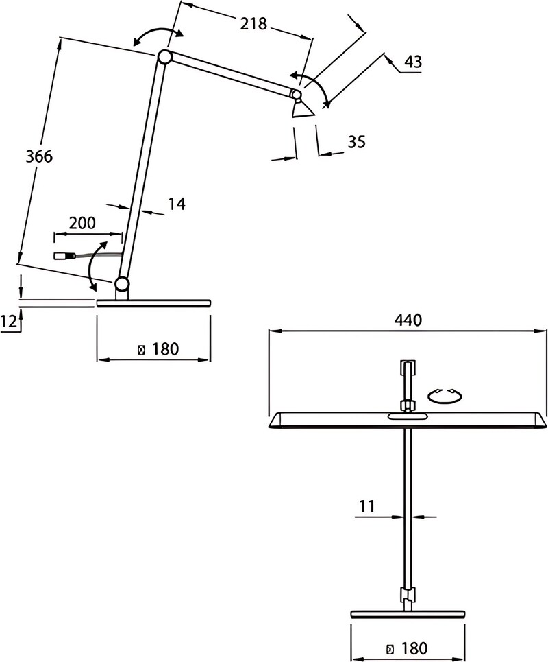 Eine Tischlampe mit verstellbarem Arm und Kopf.