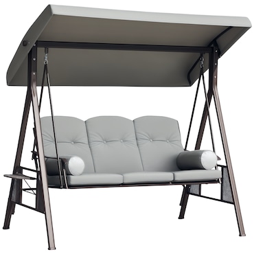 Columpio de Jardín de 3 Plazas con Techo Parasol 2 Cojines Bandeja para Bebidas Marco de Metal Terraza Exterior Carga 360kg 116x206x183cm