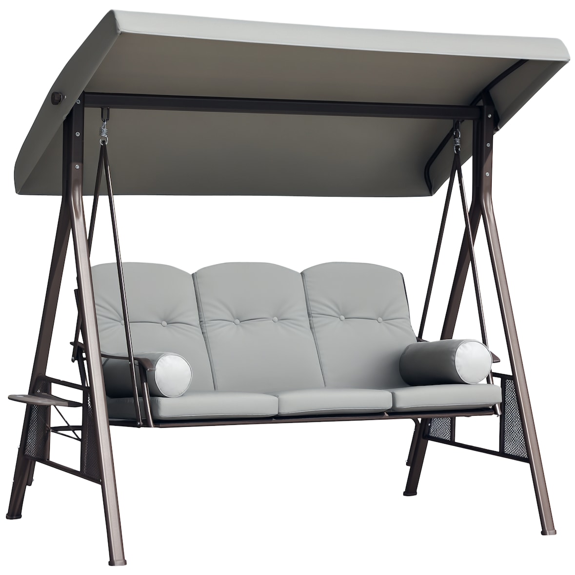 Columpio de Jardín de 3 Plazas con Techo Parasol 2 Cojines Bandeja para Bebidas Marco de Metal Terraza Exterior Carga 360kg 116x206x183cm