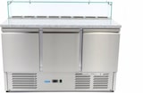 thumbnail of Maxima - 9400208 Mesa de preparación de pizza refrigerada, 3 puertas, encimera de granito, 8x1/6 GN, 400L, con tapa de cristal, 136.5x70x110 cm