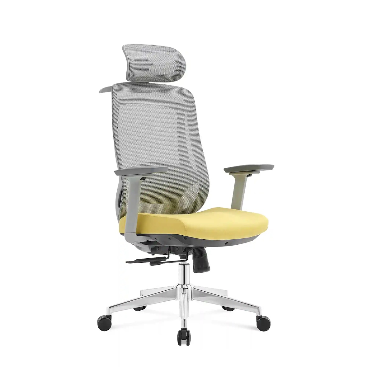 Bürodrehstuhl mit Kopf- Nackenstütze und 3D Armlehnen, Netzrücken grau, Lordosenstütze, Alu Fußkreuz, gelb