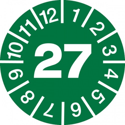 Jahresprüfplaketten ab 27, Jahresfarben, Folie, Ø 10 - 30 mm - Bogen = 10 Plaketten - 20 mm Folie selbstklebend