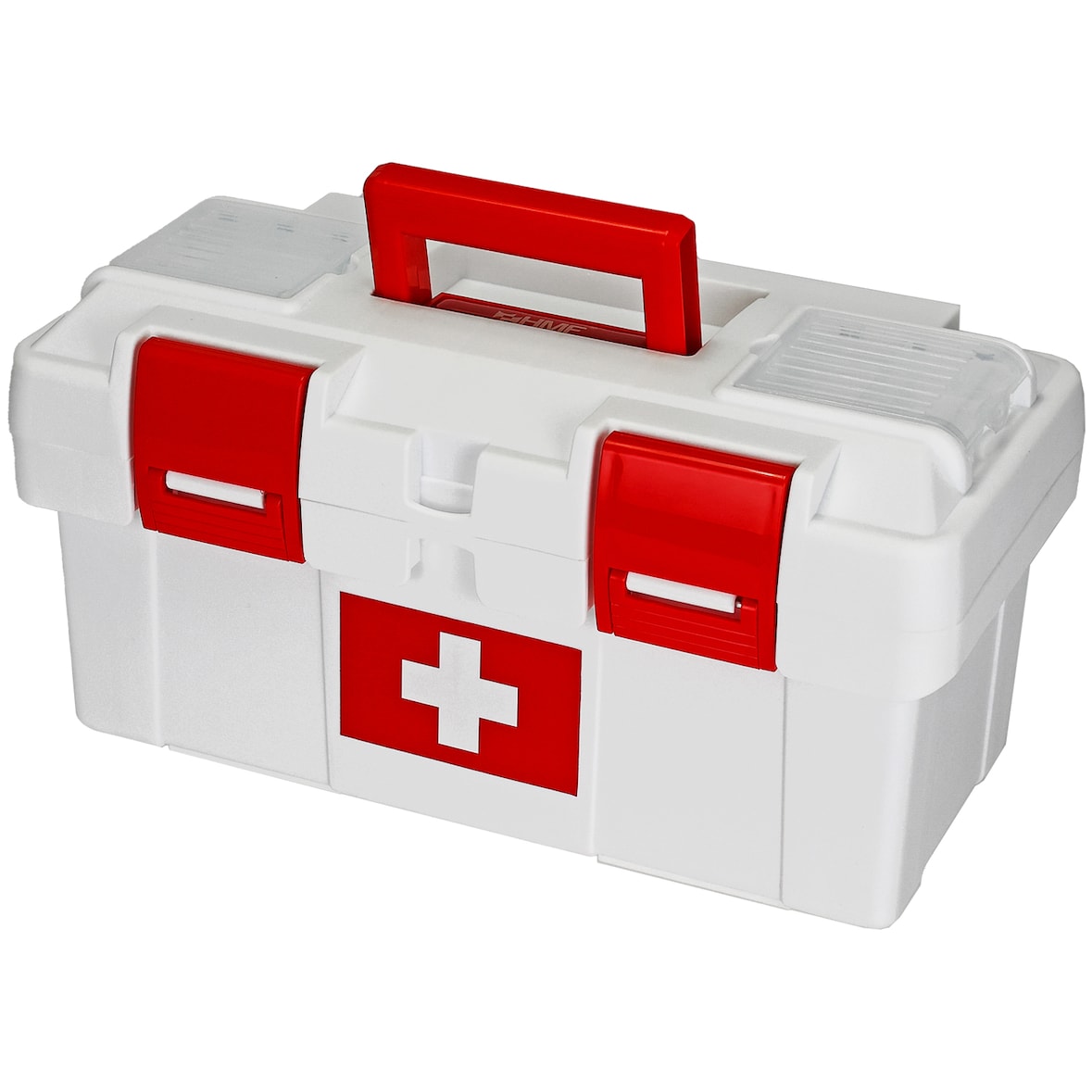 HMF Erste Hilfe Kasten zur Medikamenten Aufbewahrung, Medizinbox leer für Sportverein, Betrieb oder Zuhause, 37 x 20 x 18,5 cm, Weiß-Rot