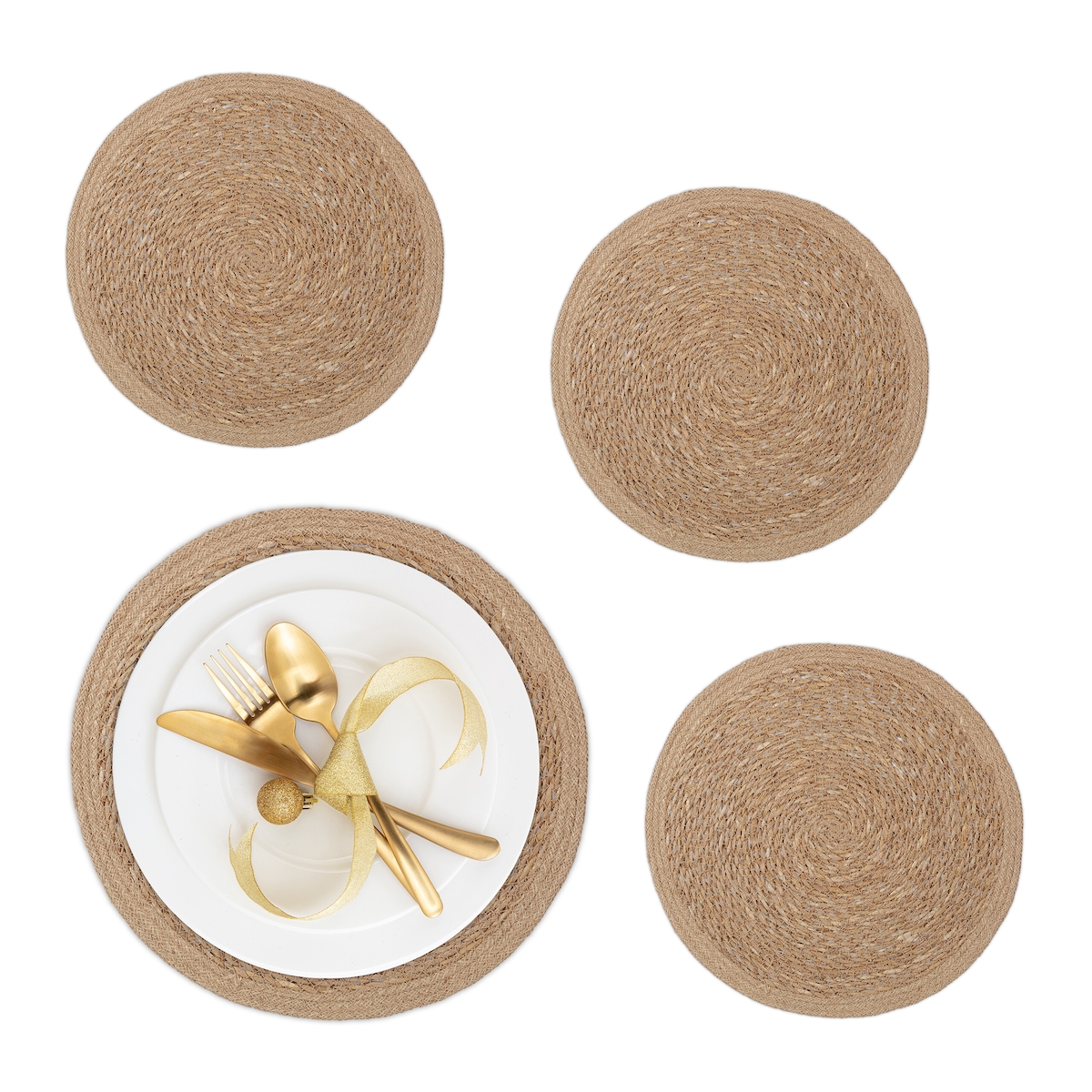 Relaxdays Tischset 4-teilig, für Esstisch, aus Wasserhyazinthe, Platzdecken, runde Telleruntersetzer, Ø 37 cm, natur