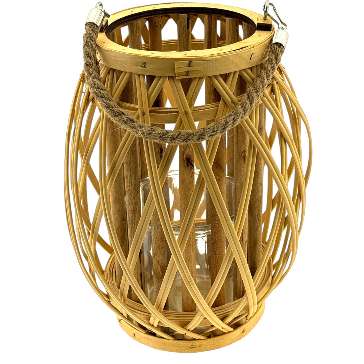 Houten windlicht van bamboe met een handvat van touw - 30 x 24 x 24 cm