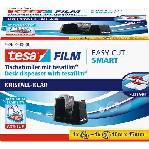 tesa Klebebandabroller tesafilm Easy Cut SMART Schwarz 15 mm (B) x 10 m (L) Kleiner Kern