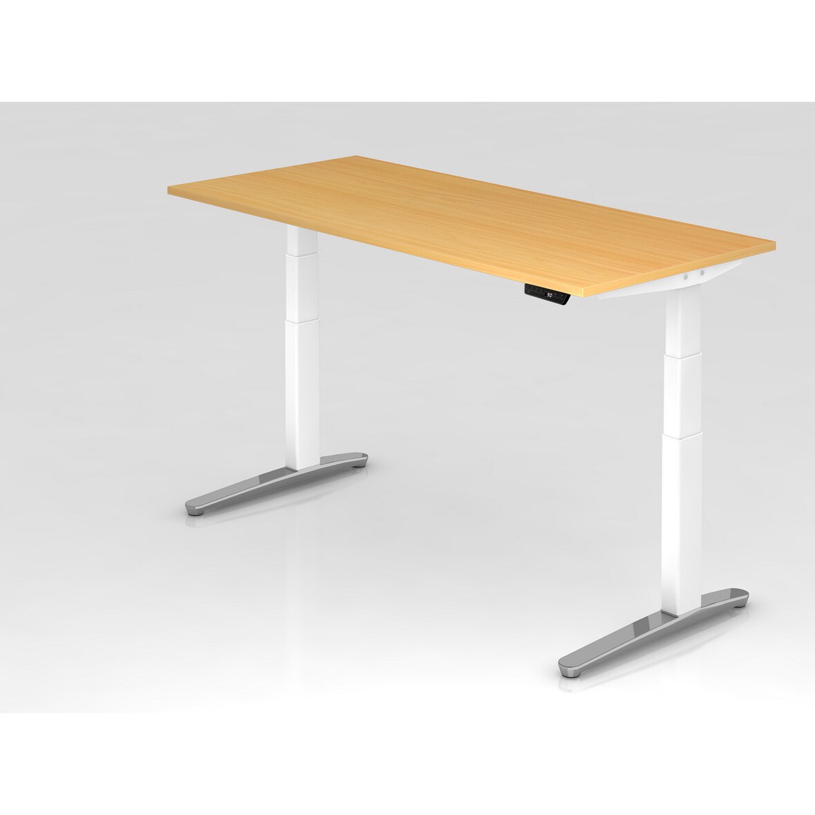 PROREGAL Sitz-Steh-Schreibtisch Pekka | Buche | Weißes Gestell poliert | BxT 180x80cm | Höhe 65-130cm | elektrisch höhenverstellbar | C-Fuß Gestell
