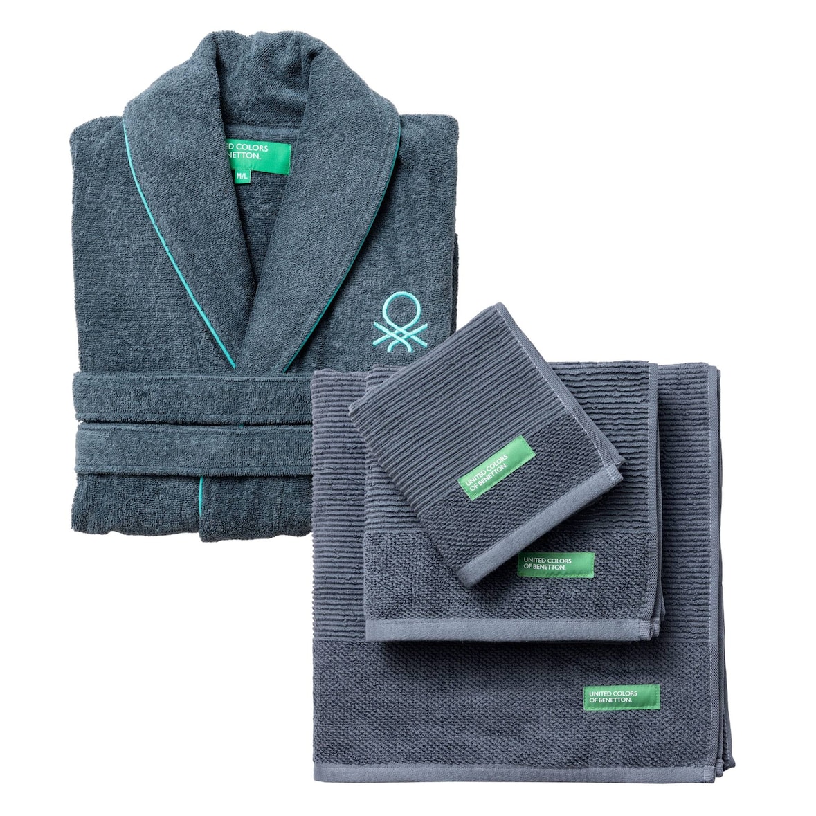 Benetton - Jogo de Roupão M/L com Conjunto de 3 Toalhas de Banho 100% Algodão na cor Cinza Escuro