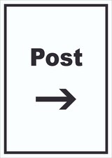 thumbnail of Post Schild mit Text und Richtungspfeil rechts Annahme Brief Paket hochkant A4 Rückseite selbstklebend