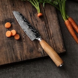 thumbnail of Kleines Santokumesser I 13 cm Klinge aus 67 Lagen Damaststahl I Olivenholzgriff und Hammerschlag