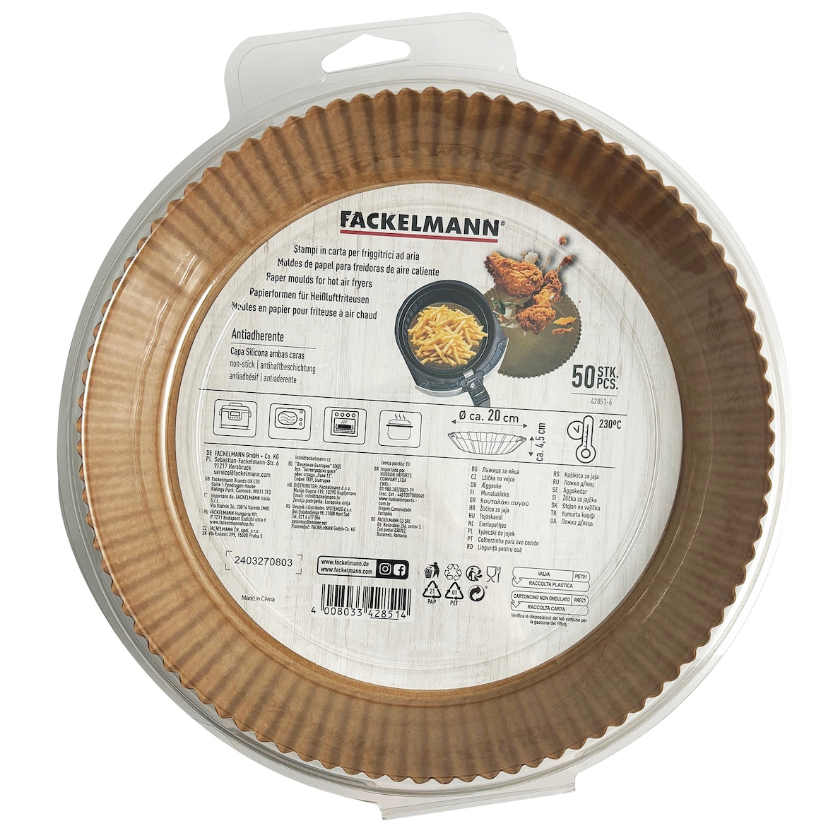 Fackelmann Carta da forno per friggitrice ad aria 50 pz, Vassoio per friggitrice rotondo, stampo monouso in polpa di legno, max 230 °C, 20x4,5 cm