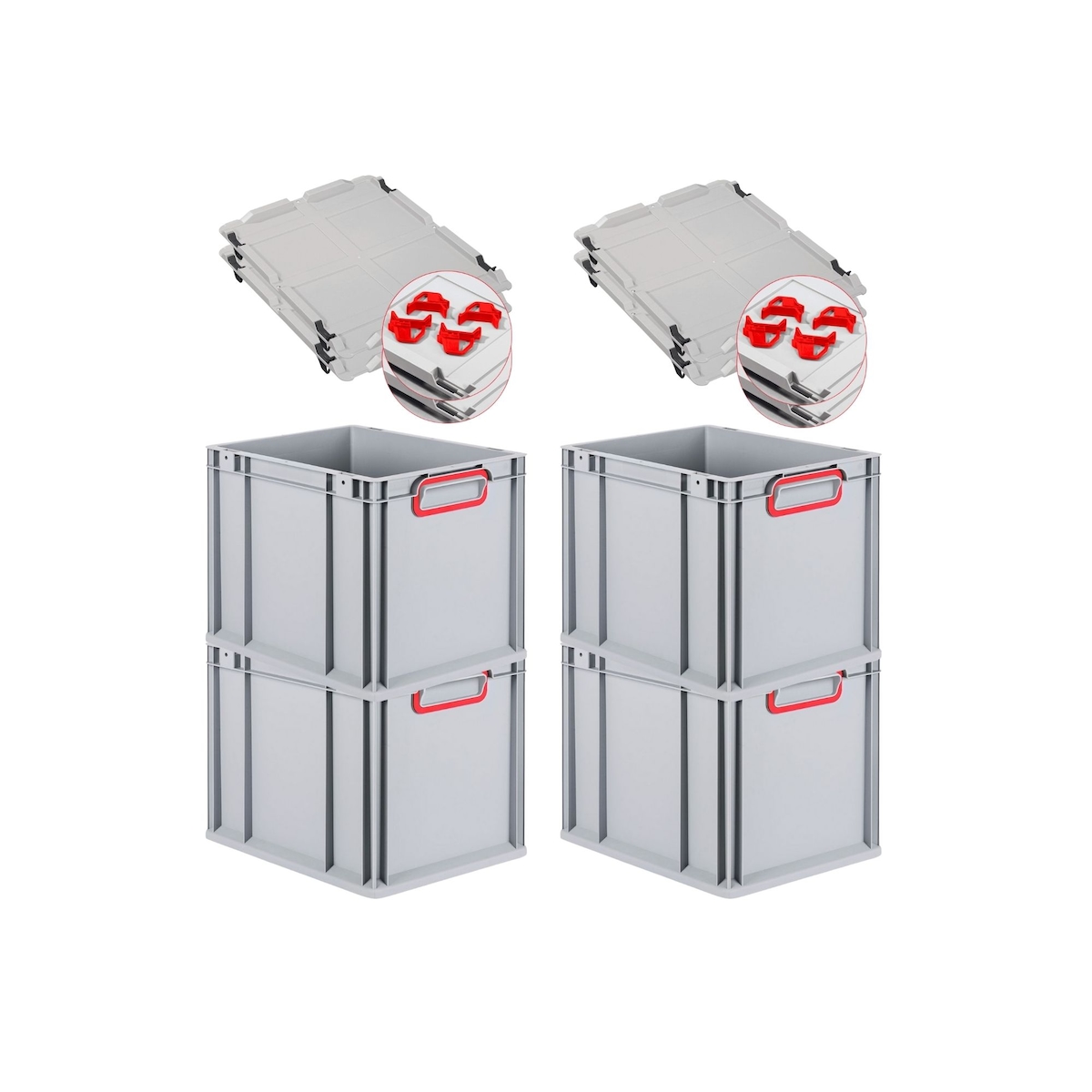 PROREGAL 4x Eurobox NextGen Color mit Auflagedeckel & Schiebeschnappverschlüsse | HxBxT 32x30x40cm | 30L | Griffe rot zu