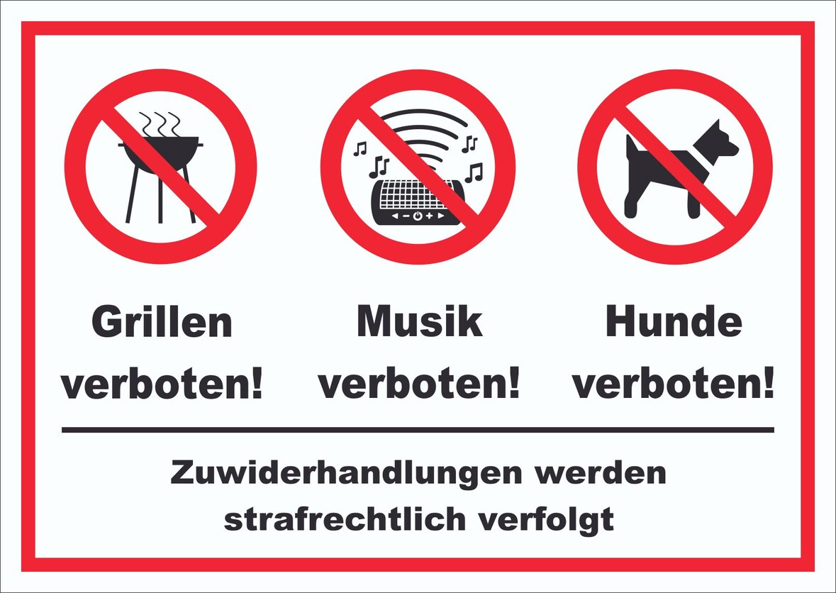 Grillen Musik Hund verboten Schild A1 Rückseite selbstklebend