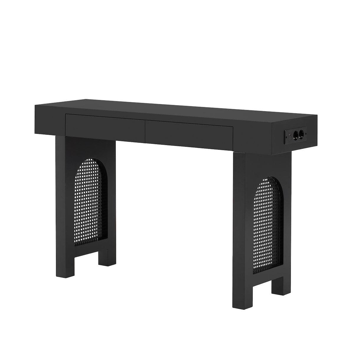 Konsolentisch 120x36x77 cm mit 2 Schubladen und Steckdosenleiste mit USB- und Type-C-Anschlüssen, MDF, Schwarz, schmal