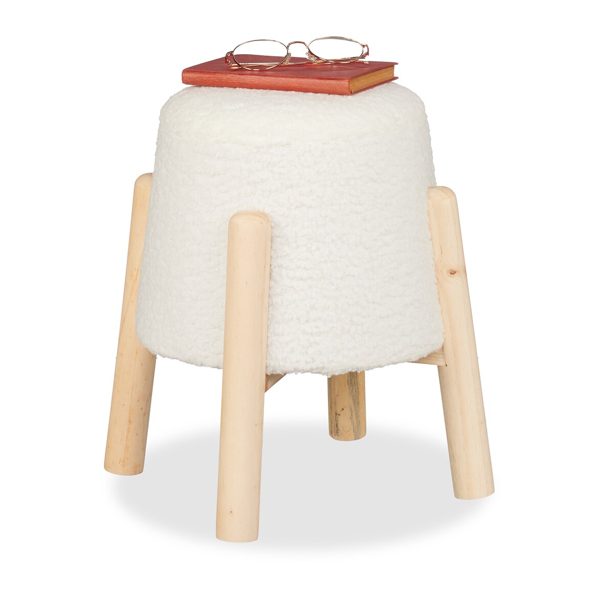 Relaxdays Sitzhocker, Teddyfell, Holzbeine, HxD: 40 x 30 cm, Wohnzimmer, Schlafzimmer, runder Polsterhocker, weiß/natur
