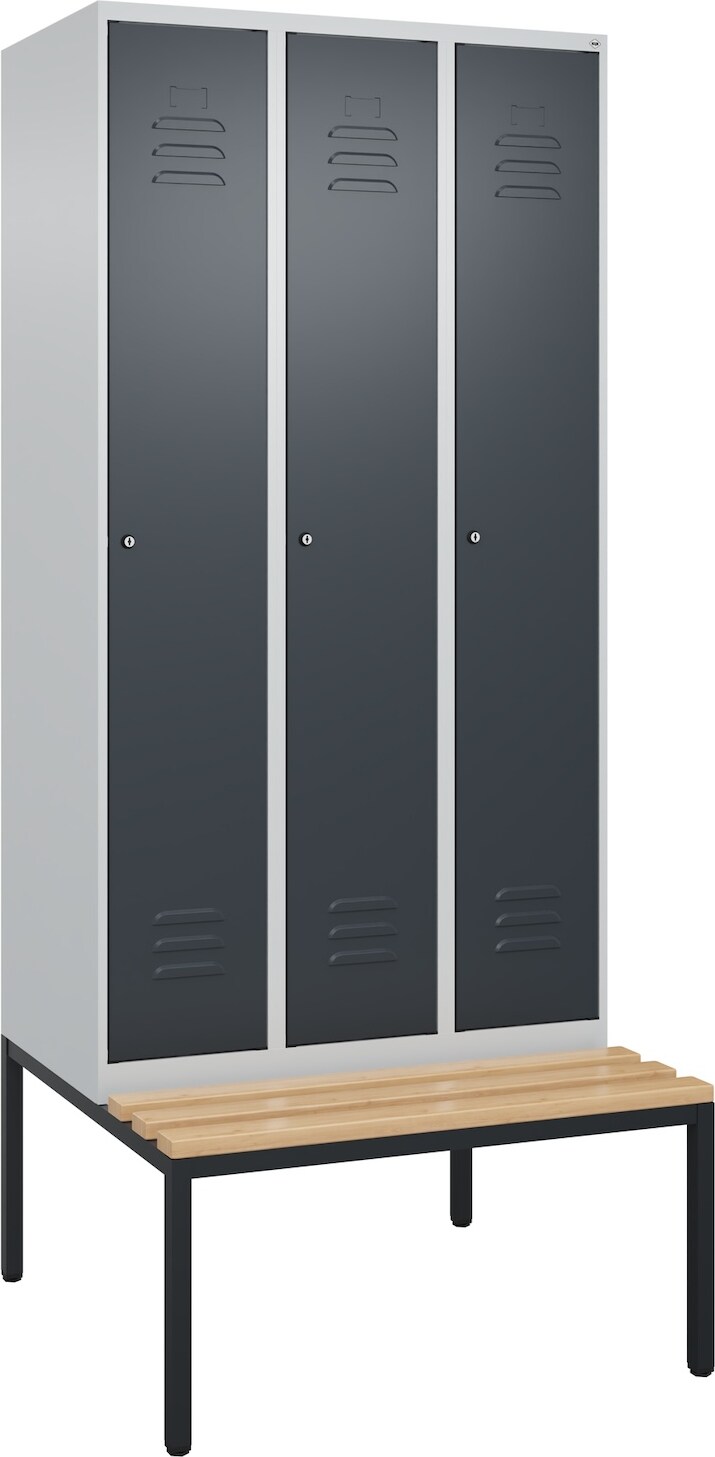 C+P Spind Classic PLUS, Buche untergebaute Sitzbank 3 Abteile, HxBxT 212x90x82cm, Zylinderschloss, Hellgrau/Anthrazit von PROREGAL