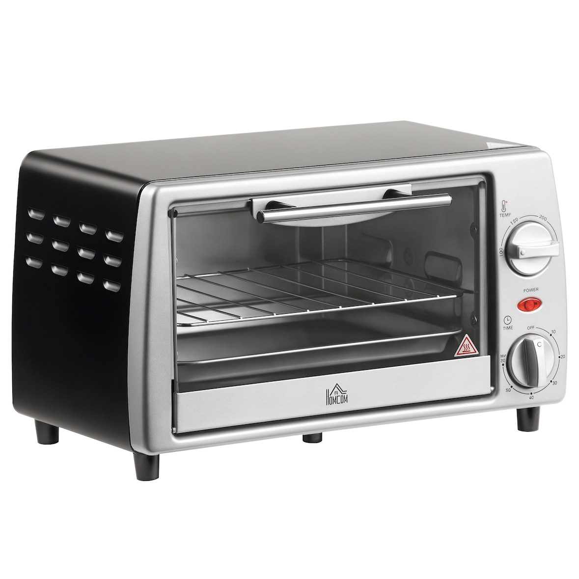 HOMCOM Mini Forno Elétrico 10 Litros 750W com Temperatura até 230 °C Temporizador 60 Minutos Bandeja e Grade 36,5x26x22cm Preto e Prata