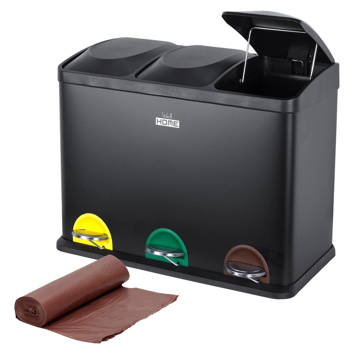 WellHome - Contenitore nera 45L con 3 scomparti + rotolo 20 sacchetti da 20L con chiusura automatica