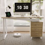 thumbnail of Merax Schreibtisch 130×55×75 cm, geräumiger Bürotisch mit 3 Schubladen, integrierter Stauraum, MDF-Tischplatte in Naturholzfarbe & Weiß