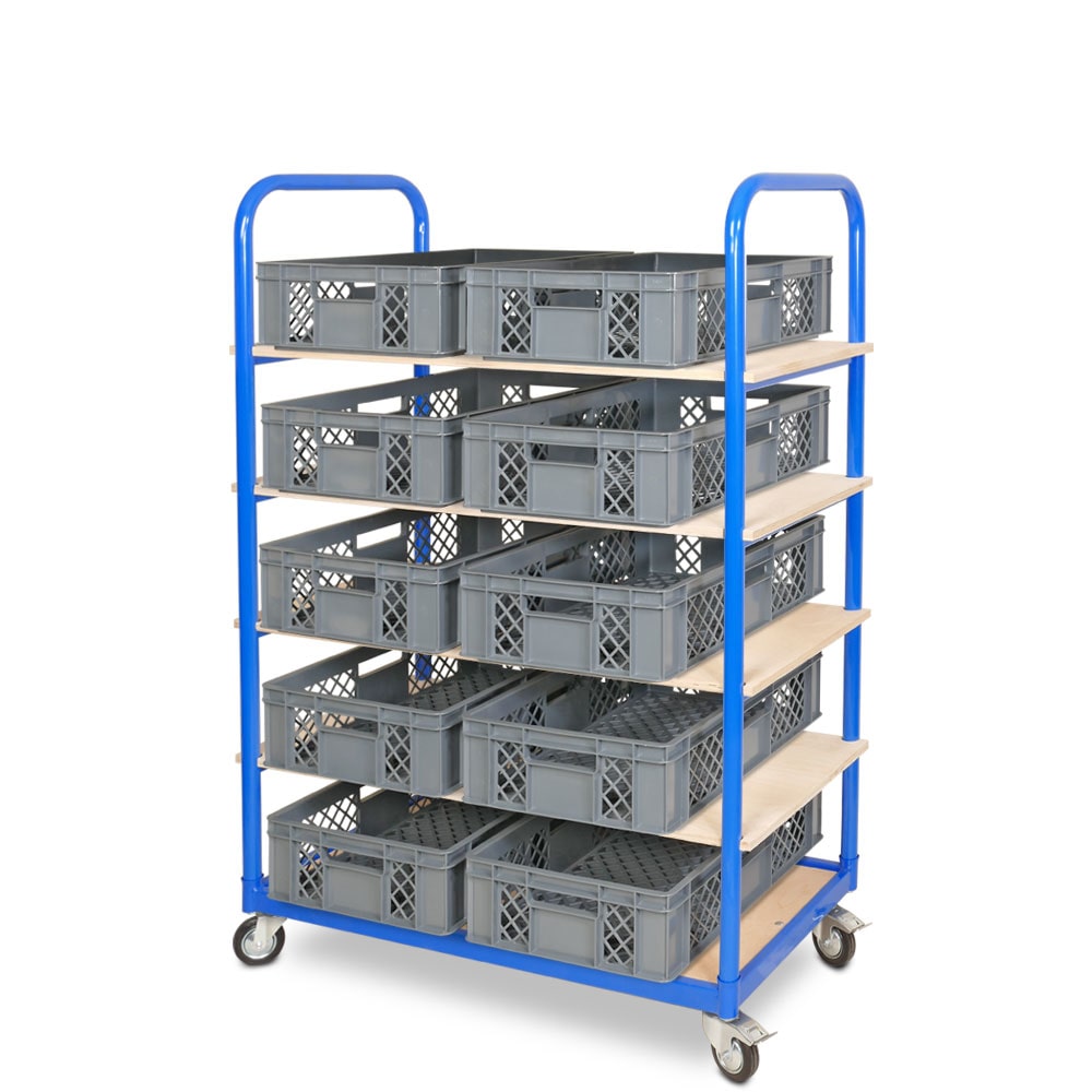 Etagenwagen mit 5 Ebenen, BxTxH 1050x500x1450 mm bestückt mit 10 Euroboxen BxTxH 600x400x150 mm, durchbrochen (grau)