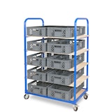 thumbnail of Etagenwagen mit 5 Ebenen, BxTxH 1050x500x1450 mm bestückt mit 10 Euroboxen BxTxH 600x400x150 mm, durchbrochen (grau)