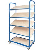 thumbnail of Schrägboden-Regalwagen mit 5 Ebenen, BxTxH 1050x500x1880 mm, 2 Lenk- (mit Feststellbremse) u. 2 Bockrollen mit 15 Euroboxen BxTxH 400x300x235 mm