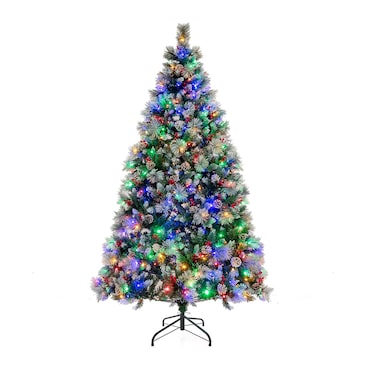 COSTWAY Árvore de Natal artificial LED de 210 cm, árvore de Natal iluminada com pinhas, bagas vermelhas e suporte metálico