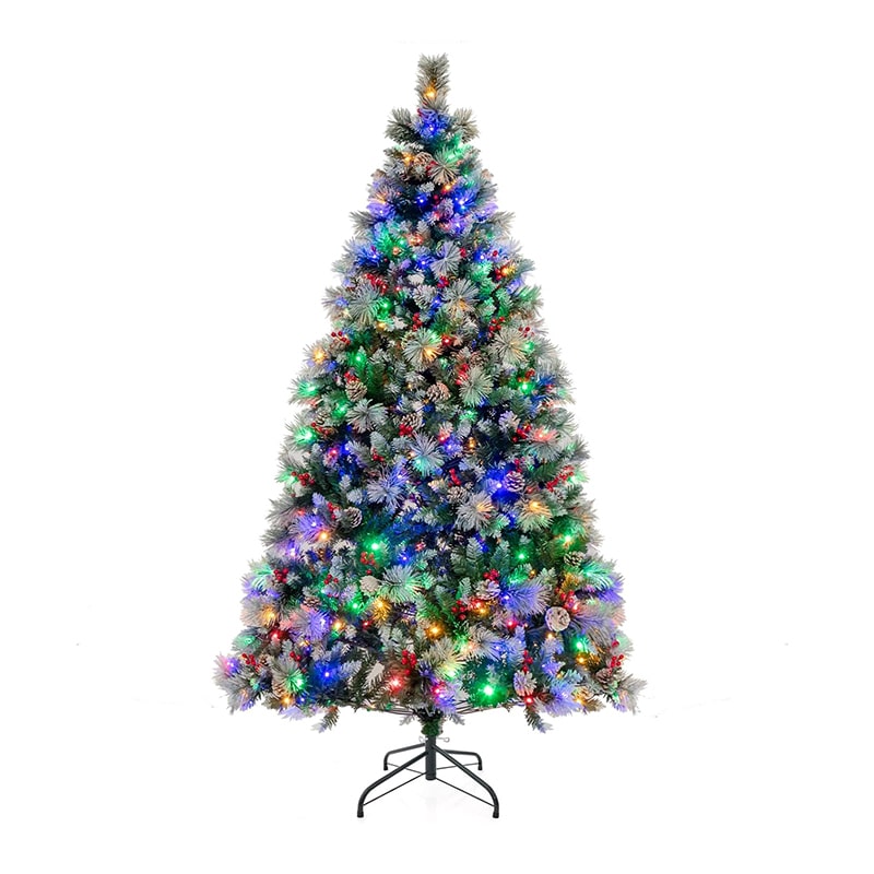 COSTWAY Árvore de Natal artificial LED de 210 cm, árvore de Natal iluminada com pinhas, bagas vermelhas e suporte metálico