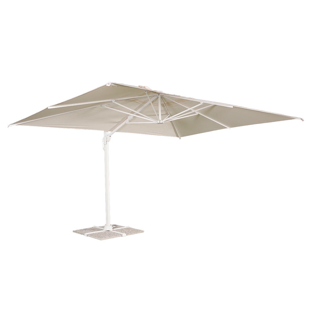 BLUES - Parasol de Jardín Excentrico 3x4 Orientable a 360°-Estructura de Aluminio Blanco Inclinable y Retráctil Brazo lateral - Chimenea Cortaviento
