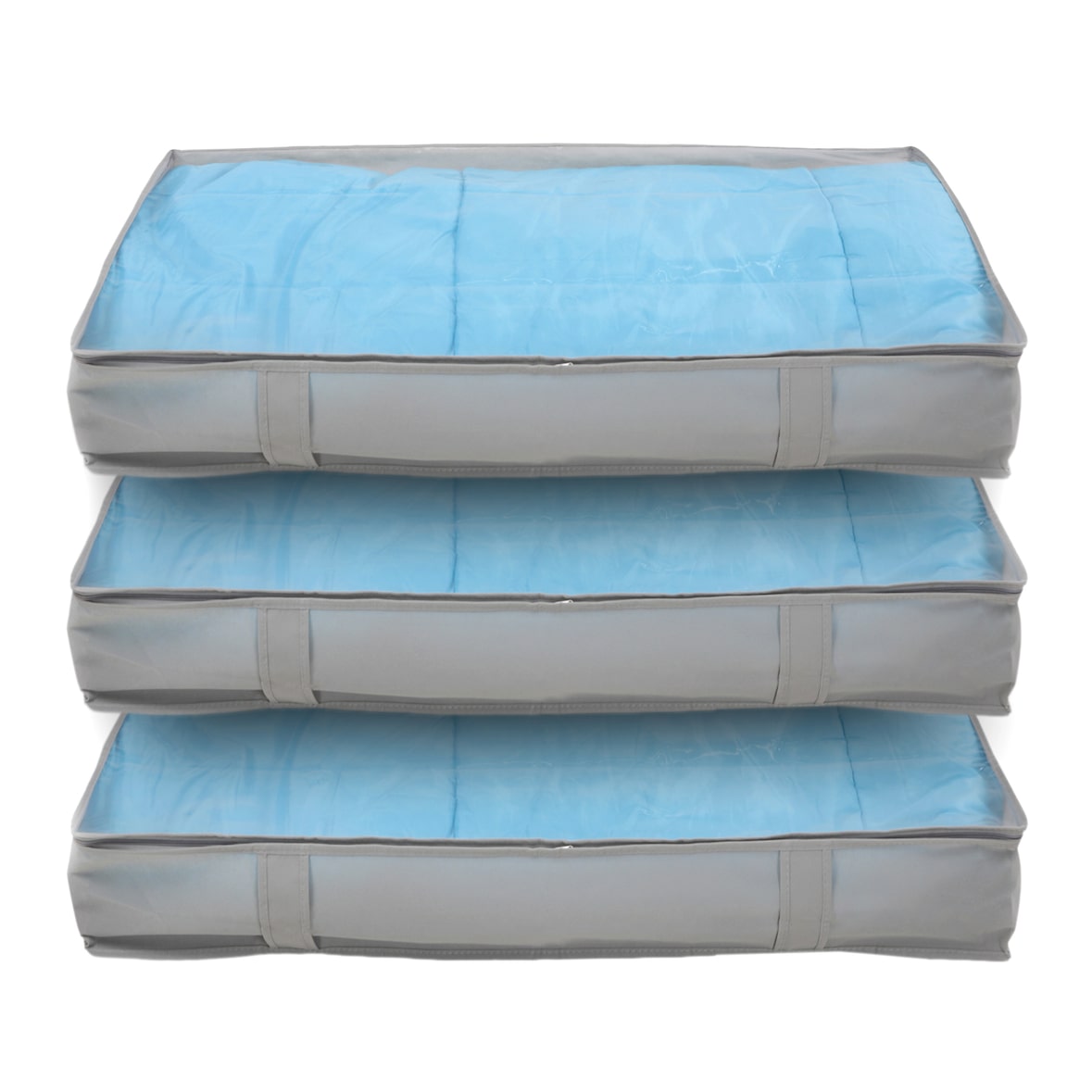 SVITA 3er Set Aufbewahrungstasche M faltbare Unterbettkommode Sichtfenster Griffe Reißverschluss Stoff Helllgrau