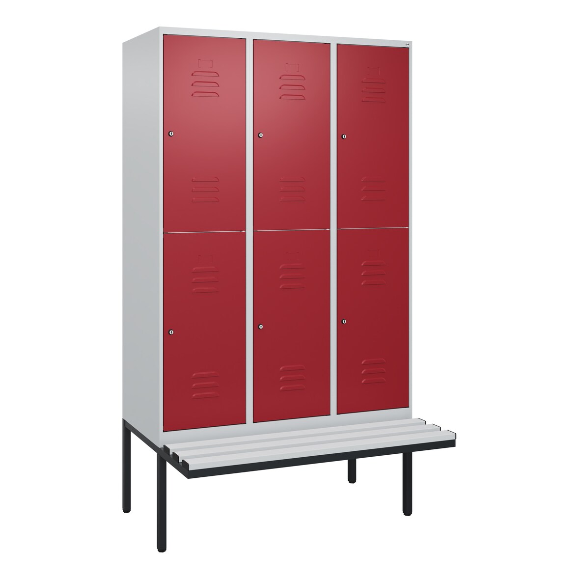 C+P Spind Classic PLUS, Kunststoff schwebende Sitzbank, 6 Abteile, HxBxT 212x120x82cm, Zylinderschloss, Hellgrau/Rubinrot von PROREGAL