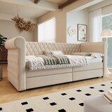 thumbnail of Schlafsofa Daybed 90x200 mit 2 Schubladen Stauraum, Leinenstoff Bezug, Armlehnen Rückenlehne, Tagesbett Gästebett Beige