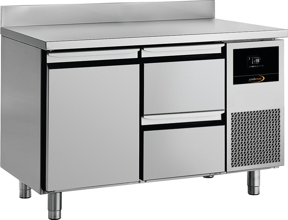 Cookmax Tiefkühltisch GN 1/1 mit
1 Tür und 2 Schubladen, mit Aufkantung