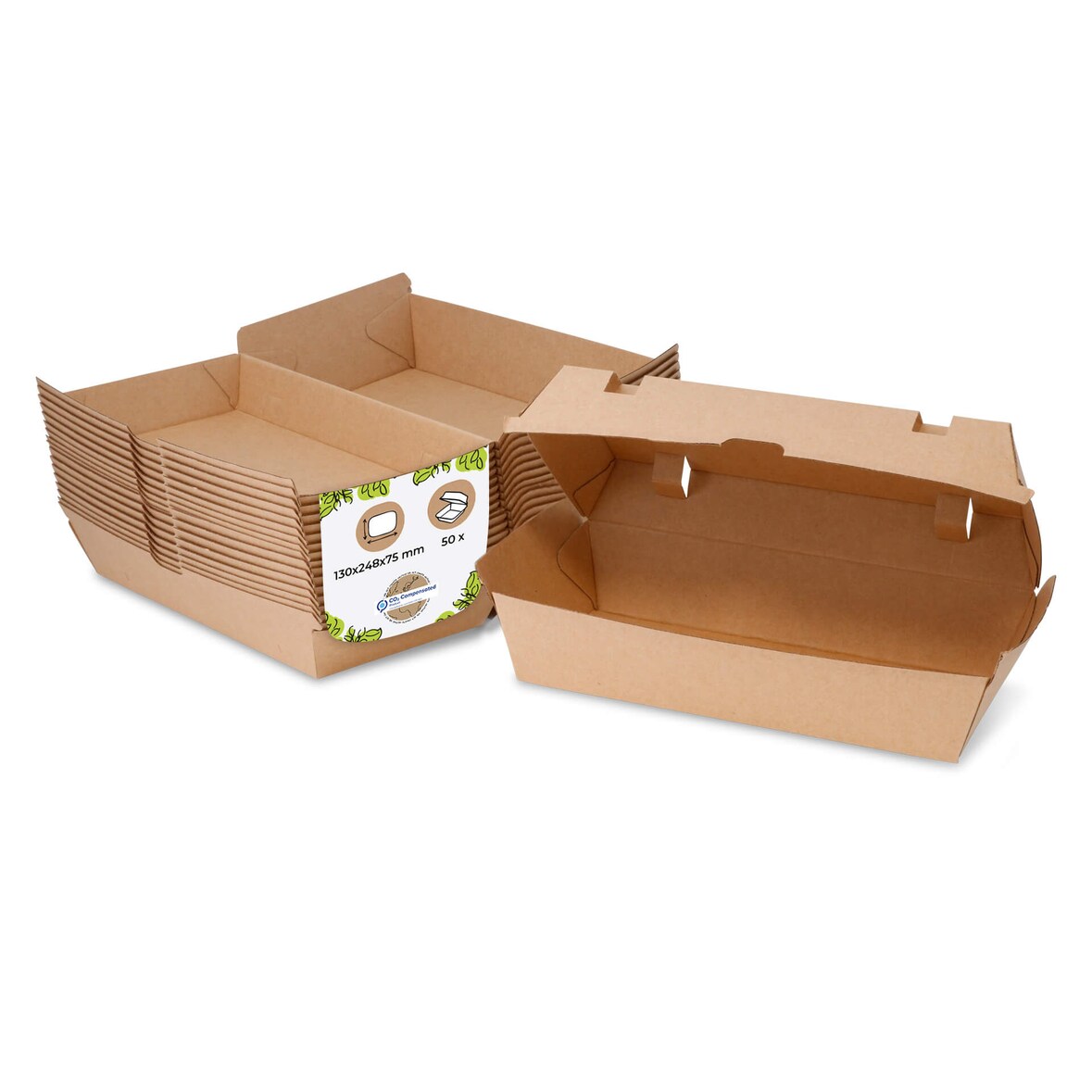 BIOZOYG 50 Stück Take-away-Box braun 13 x 24,8 x 7,5 cm Lebensmittelverpackung Snackbox umweltfreundlich nachhaltig stabil biologisch abbaubar