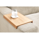 thumbnail of Sofá grande KAWOLA XL MADELINE con bandeja de madera natural para reposabrazos, tela blanca crema