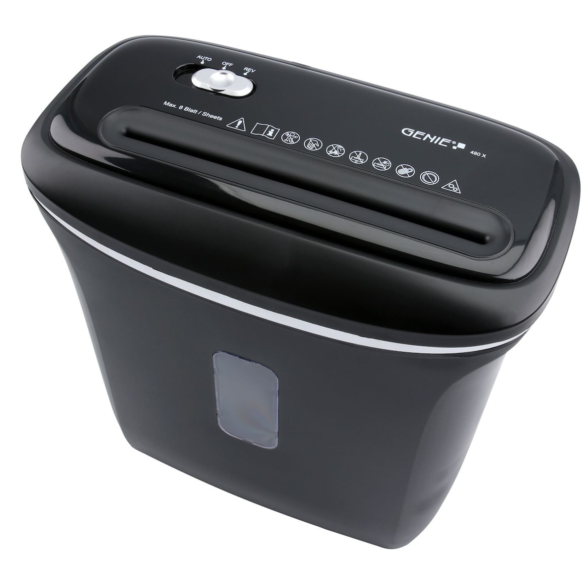 GENIE 480X Aktenvernichter Shredder 8 Blatt Partikelschnitt 12 Liter Sicherheitsstufe P4