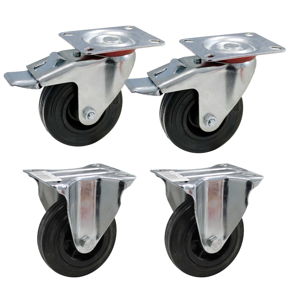 PROREGAL Set 2x Bockrollen + 2x gebremste Lenkrollen | Ø 10cm | Traglast 50kg | verzinkt