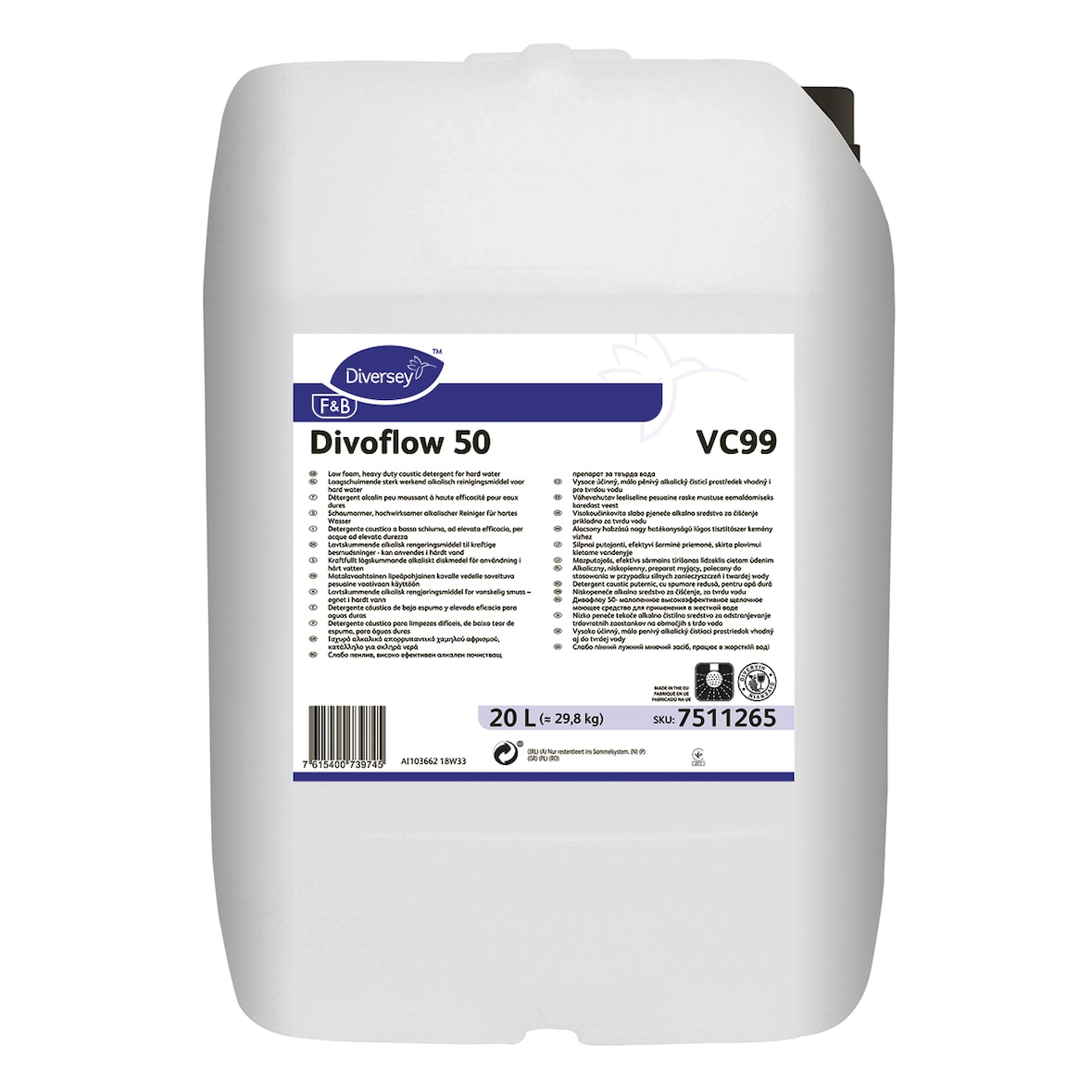 DIVOFLOW | 50 VC99 - Detergente cáustico de baja espuma y elevada eficacia para aguas duras - 20 L