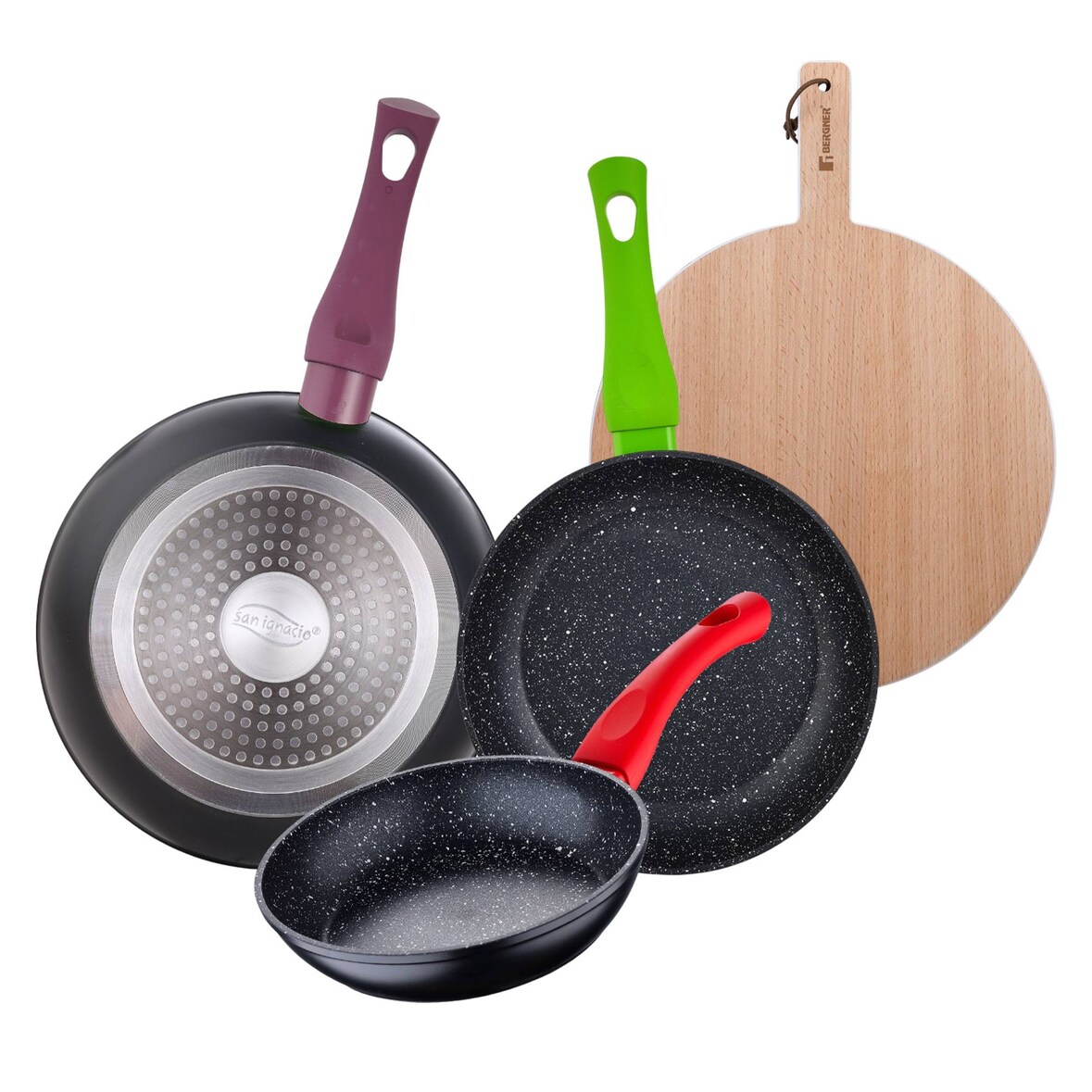 BERGNER - Set aus 3 Pfannen Ø18/Ø22/Ø26 cm Jolie Schmiedaluminium, geeignet für Induktion Rundes Schneidebrett 38x28x1,5 cm aus Buchenholz